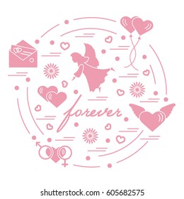 Cute vector illustration with different love symbols: hearts, air balloons, postal envelope, angel and other arranged in a circle. Romantic collection.