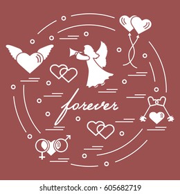 Cute vector illustration with different love symbols: hearts, air balloons, key, angel and other  arranged in a circle. Romantic collection.