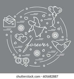 Cute vector illustration with different love symbols: hearts, air balloons, postal envelope, angel and other arranged in a circle. Romantic collection.