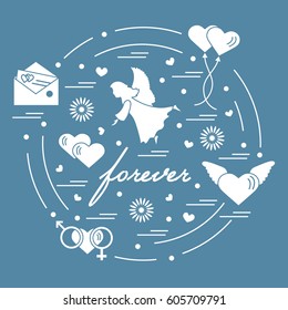 Cute vector illustration with different love symbols: hearts, air balloons, postal envelope, angel and other arranged in a circle. Romantic collection.