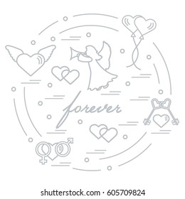 Cute vector illustration with different love symbols: hearts, air balloons, key, angel and other  arranged in a circle. Romantic collection.