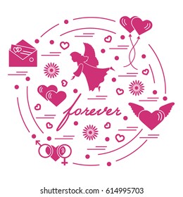 Cute vector illustration with different love symbols: hearts, air balloons, postal envelope, angel and other arranged in a circle. Romantic collection.