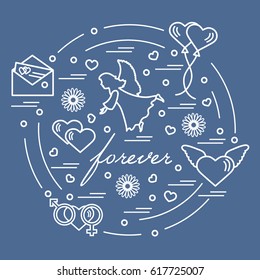 Cute vector illustration with different love symbols: hearts, air balloons, postal envelope, angel and other arranged in a circle. Romantic collection.