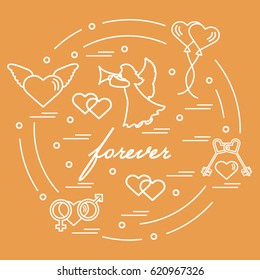 Cute vector illustration with different love symbols: hearts, air balloons, key, angel and other  arranged in a circle. Romantic collection.