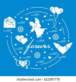 Cute vector illustration with different love symbols: hearts, air balloons, postal envelope, angel and other arranged in a circle. Romantic collection.