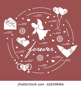 Cute vector illustration with different love symbols: hearts, air balloons, postal envelope, angel and other arranged in a circle. Romantic collection.