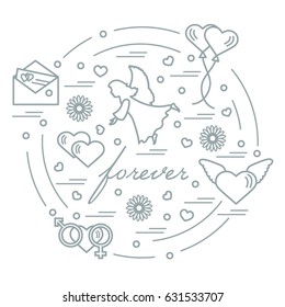 Cute vector illustration with different love symbols: hearts, air balloons, postal envelope, angel and other arranged in a circle. Romantic collection.