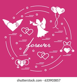Cute vector illustration with different love symbols: hearts, air balloons, key, angel and other  arranged in a circle. Romantic collection.