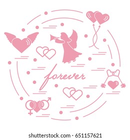 Cute vector illustration with different love symbols: hearts, air balloons, key, angel and other  arranged in a circle. Romantic collection.