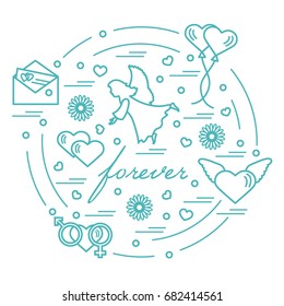 Cute vector illustration with different love symbols: hearts, air balloons, postal envelope, angel and other arranged in a circle. Romantic collection.