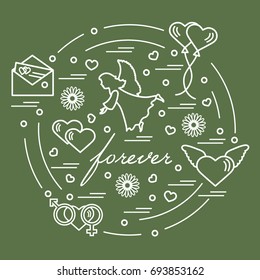 Cute vector illustration with different love symbols: hearts, air balloons, postal envelope, angel and other arranged in a circle. Romantic collection.
