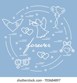 Cute vector illustration with different love symbols: hearts, air balloons, key, angel and other  arranged in a circle. Romantic collection.