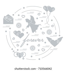 Cute vector illustration with different love symbols: hearts, air balloons, postal envelope, angel and other arranged in a circle. Romantic collection.