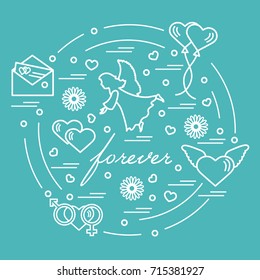 Cute vector illustration with different love symbols: hearts, air balloons, postal envelope, angel and other arranged in a circle. Romantic collection.