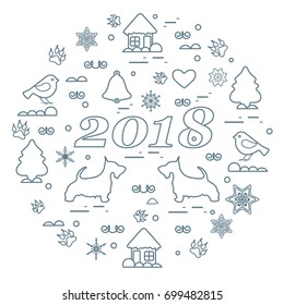 Cute vector illustration of different new year and Christmas symbols arranged in a circle. Winter elements made in line style. Design for postcard, poster or print.