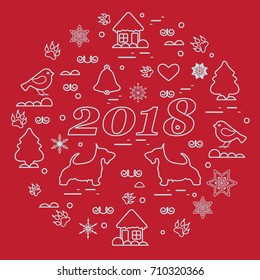 Cute vector illustration of different new year and Christmas symbols arranged in a circle. Winter elements made in line style. Design for postcard, poster or print.