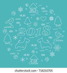 Cute vector illustration of different new year and Christmas symbols arranged in a circle. Winter elements made in line style. Design for postcard, poster or print.