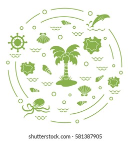 Cute vector illustration with different objects related to tourism and outdoor recreation arranged in a circle. Design for banner, poster or print.