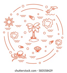 Cute vector illustration with different objects related to tourism and outdoor recreation arranged in a circle. Design for banner, poster or print.