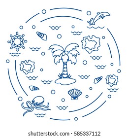 Cute vector illustration with different objects related to tourism and outdoor recreation arranged in a circle. Design for banner, poster or print.