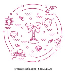 Cute vector illustration with different objects related to tourism and outdoor recreation arranged in a circle. Design for banner, poster or print.