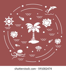 Cute vector illustration with different objects related to tourism and outdoor recreation arranged in a circle. Design for banner, poster or print.