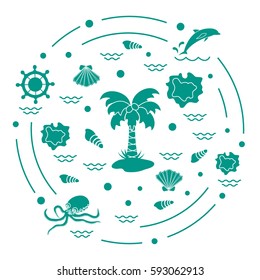 Cute vector illustration with different objects related to tourism and outdoor recreation arranged in a circle. Design for banner, poster or print.