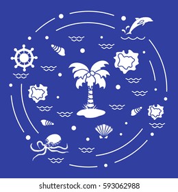 Cute vector illustration with different objects related to tourism and outdoor recreation arranged in a circle. Design for banner, poster or print.