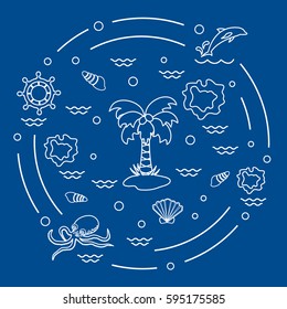 Cute vector illustration with different objects related to tourism and outdoor recreation arranged in a circle. Design for banner, poster or print.