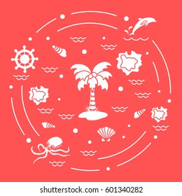 Cute vector illustration with different objects related to tourism and outdoor recreation arranged in a circle. Design for banner, poster or print.