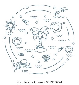 Cute vector illustration with different objects related to tourism and outdoor recreation arranged in a circle. Design for banner, poster or print.