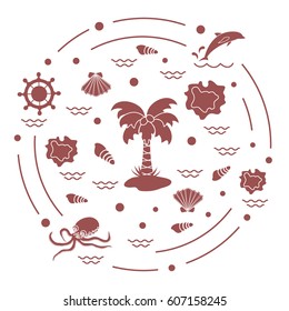 Cute vector illustration with different objects related to tourism and outdoor recreation arranged in a circle. Design for banner, poster or print.