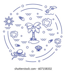 Cute vector illustration with different objects related to tourism and outdoor recreation arranged in a circle. Design for banner, poster or print.