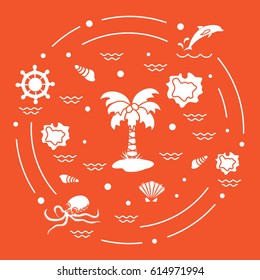 Cute vector illustration with different objects related to tourism and outdoor recreation arranged in a circle. Design for banner, poster or print.