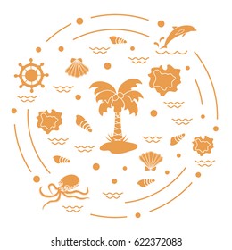 Cute vector illustration with different objects related to tourism and outdoor recreation arranged in a circle. Design for banner, poster or print.
