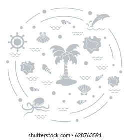 Cute vector illustration with different objects related to tourism and outdoor recreation arranged in a circle. Design for banner, poster or print.