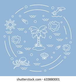 Cute vector illustration with different objects related to tourism and outdoor recreation arranged in a circle. Design for banner, poster or print.