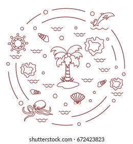 Cute vector illustration with different objects related to tourism and outdoor recreation arranged in a circle. Design for banner, poster or print.