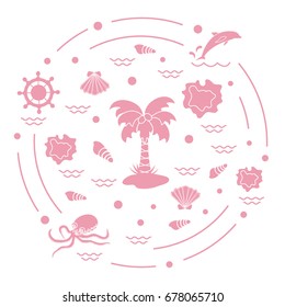 Cute vector illustration with different objects related to tourism and outdoor recreation arranged in a circle. Design for banner, poster or print.