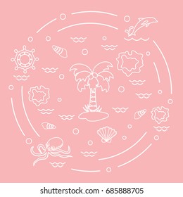 Cute vector illustration with different objects related to tourism and outdoor recreation arranged in a circle. Design for banner, poster or print.