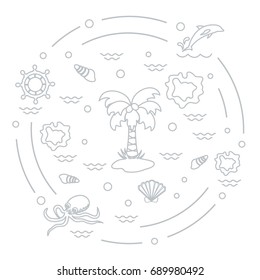 Cute vector illustration with different objects related to tourism and outdoor recreation arranged in a circle. Design for banner, poster or print.