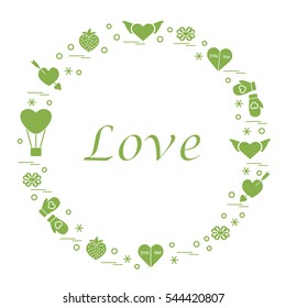 Cute vector illustration with different romantic symbols arranged in a circle. Design for banner, flyer, poster or print. 