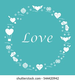 Cute vector illustration with different romantic symbols arranged in a circle. Design for banner, flyer, poster or print. 