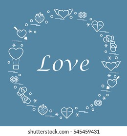 Cute vector illustration with different romantic symbols arranged in a circle. Design for banner, flyer, poster or print. 