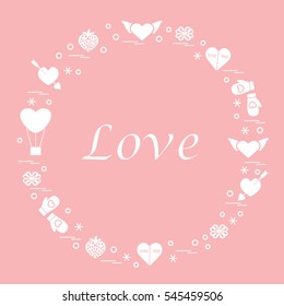 Cute vector illustration with different romantic symbols arranged in a circle. Design for banner, flyer, poster or print. 