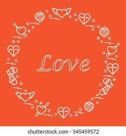 Cute vector illustration with different romantic symbols arranged in a circle. Design for banner, flyer, poster or print. 