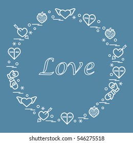 Cute vector illustration with different romantic symbols arranged in a circle. Design for banner, flyer, poster or print. 