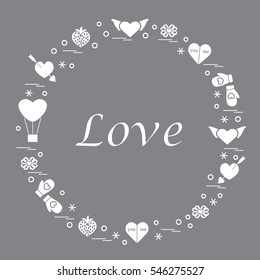 Cute vector illustration with different romantic symbols arranged in a circle. Design for banner, flyer, poster or print. 