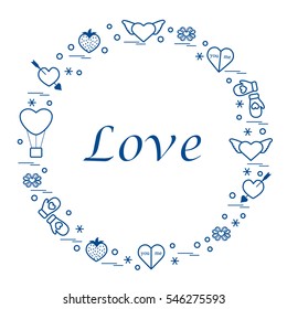 Cute vector illustration with different romantic symbols arranged in a circle. Design for banner, flyer, poster or print. 