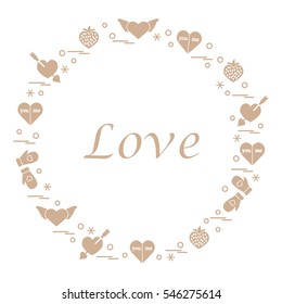 Cute vector illustration with different romantic symbols arranged in a circle. Design for banner, flyer, poster or print. 